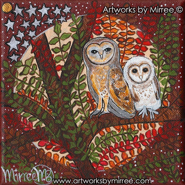 Australian Masked Tasmanian Owl and Baby Dreaming Contemporary Aboriginal Art Original Painting by Mirree
